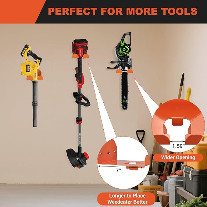 Upgraded Heavy Duty Trimmer Rack 2 Pack - Wall Mounted Garage Organizer, Power Tool Hanger for Weed Eater, Grass Trimmer, Hedge Trimmer, Leaf Blower, Chainsaw & Garden Tools Storage