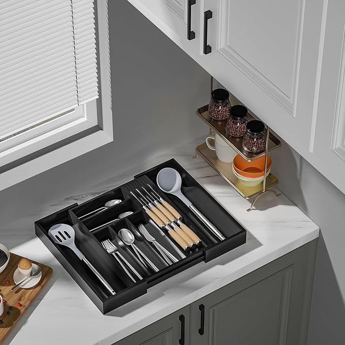 Bamboo-Silverware-Drawer-Organizer-Kitchen, Expandable Utensil Holder Cutlery Tray Flatware Organization Adjustable Wood Tableware Dividers Storage (with Removable Knife Block)(Black)