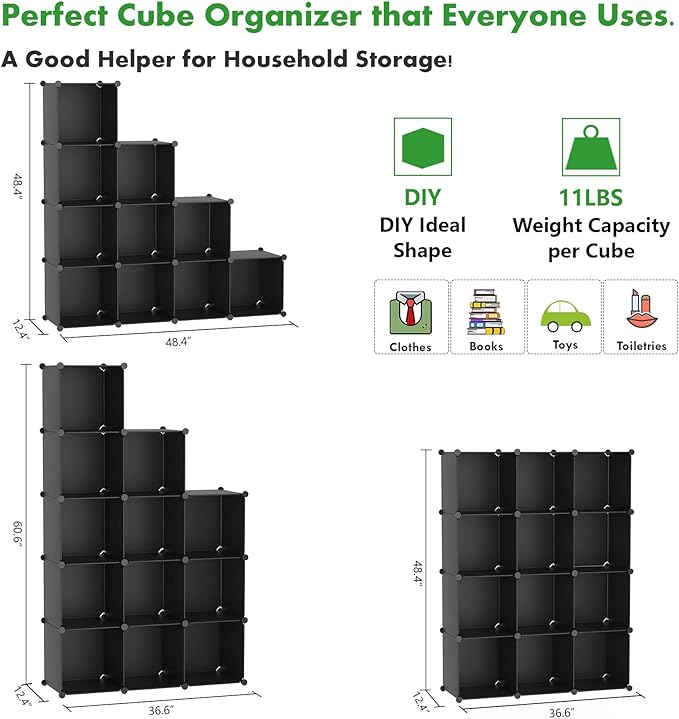 C&AHOME Cube Storage Organizer, 12-Cube Shelves Units, Closet Cabinet, DIY Plastic Modular Book Shelf, Ideal for Bedroom, Living Room, Office, 36.6" L x 12.4" W x 48.4" H Black SHS3012B