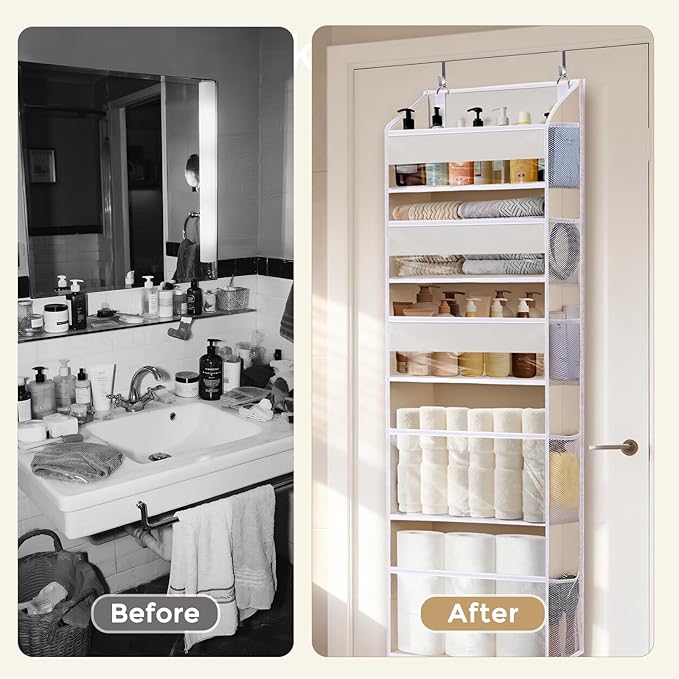 5 Tiers Over Door Organizer with 10 Mesh Side Pockets, 50 lbs Weight Capacity Hanging Storage Organizer with Clear Window Kids Toys, Shoes, Diapers, Beige