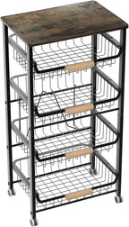 5-Layer Fruit Basket Kitchen Food Organizer and Rack, Stackable Storage Cart with Desktop, Pull-Out Hollow Metal Basket, Wheeled Sorting Rack Spice Rack, Black