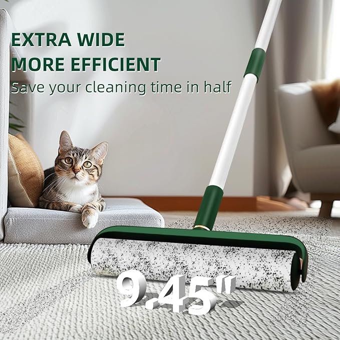 Large Lint Rollers for Pet Hair, Floor Lint Roller with 9.45 in Giant Lint Roller Refill 360 Sheets Total, Extendable Handle Sticky Rollers for Floor, Carpet, Furniture, Clothing & Couch (Green)
