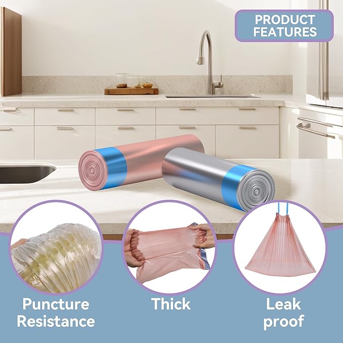 Small Drawstring Trash Bags 2.6 Gallon Bathroom Garbage Bag 75 Count Trash Can Liner for Bathroom, Office, Bedroom, Kitchen Random Gold & Silver