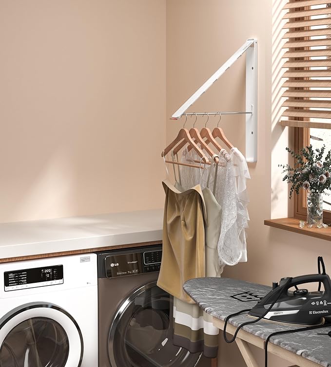 Dr.DJ Clothes Drying Rack with Rod, Wall-Mounted Retractable & Foldable Clothes Hanger for Laundry Room Organization and Storage, Metal Clothes Hanger Rack for Dorm, Closet, Balcony 2Rack,1Rod White