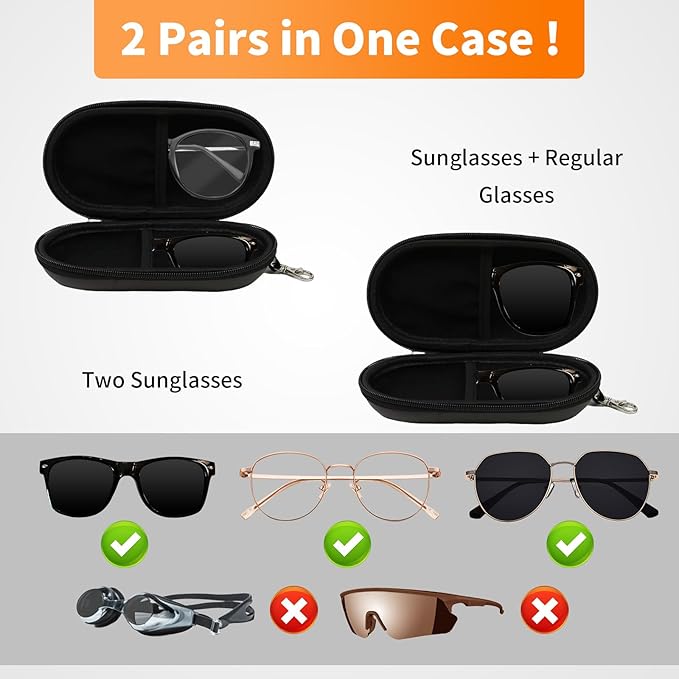 Double Eyeglasses Case, Hard Shell Dual Sunglasses Organizer with Zipper Clip Travel Glasses Storage for Women Men