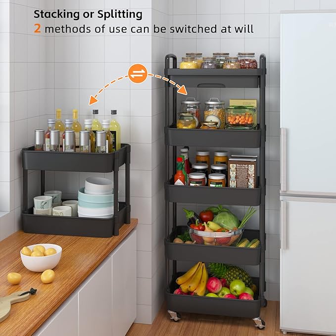 Calmootey 5-Tier Rolling Utility Cart with Drawer,Multifunctional Storage Organizer with Plastic Shelf & Metal Wheels,Storage Cart for Kitchen,Bathroom,Living Room,Office,Black