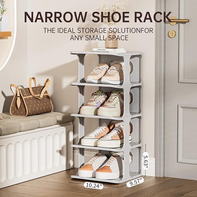 HAIXIN Shoe Rack for Closet - Stackable Shoe Organizer for Closet, Space-Saving Narrow Shoe Rack for Front Door Entrance, Grey
