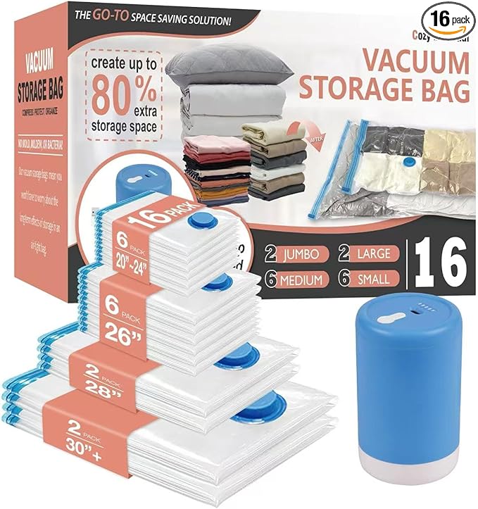 Cozy Essential Travel Vacuum Storage Bags with Rechargeable Cordless USB Pump for Luggage, Suitcase, Carry-on Size Vacuum Seal Compression Space Saver Bags for Clothes and Clothing, 16 Combo