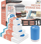 Cozy Essential Travel Vacuum Storage Bags with Rechargeable Cordless USB Pump for Luggage, Suitcase, Carry-on Size Vacuum Seal Compression Space Saver Bags for Clothes and Clothing, 16 Combo