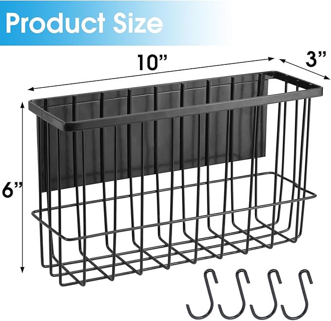 Magnetic Laundry Room Organizer Rack – Matte Black Storage Shelf for Washer or Dryer Side – Magnetic Mount, No Drill – Includes 4 Utility Hooks – Holds Detergent, Dryer Balls, Supplies