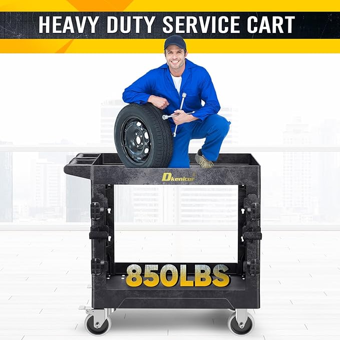 Heavy Duty Plastic Utility Cart 850Lbs, 34" x 17" Rolling Work Cart with Wheels - 2 Tier Service Cart for Warehouse/Garage/Garden - Upgraded 2 Side Tube Hooks, 360° Swivel Lockable Wheels