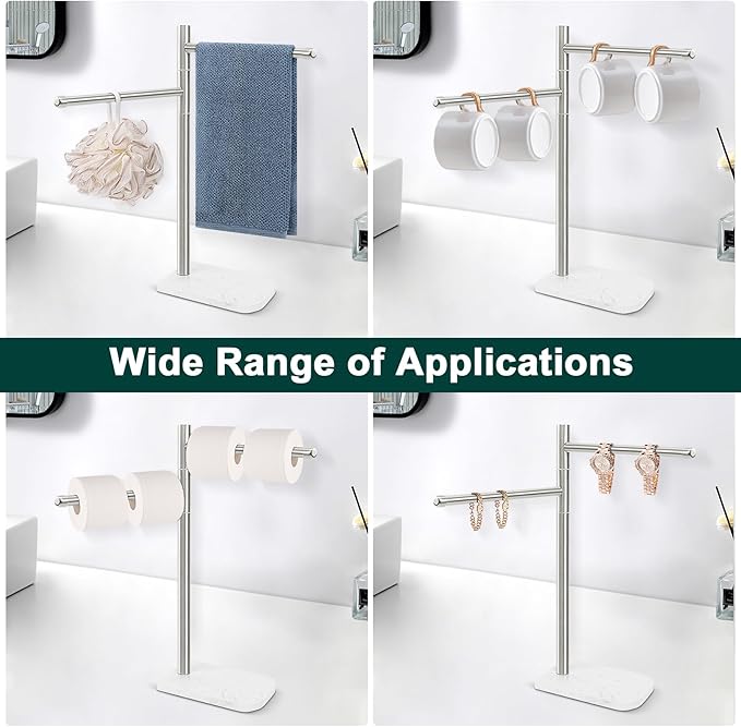 Hand Towel Holder, F-Shape Hand Towel Stand with Marble Base, Stainless Steel Swivel Hand Towel Rack Standing Towel Bar for Bathroom Kitchen Countertop, 2 Arms (Brushed Nickel)