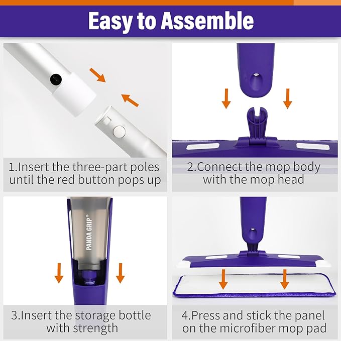 Mops for Floor Cleaning, Wet and Dry Spray Mop with Refillable Spray Bottle and 3 Washable Microfiber Pads Home or Commercial Use Flat Mop for Hardwood Laminate Wood Ceramic, Purple
