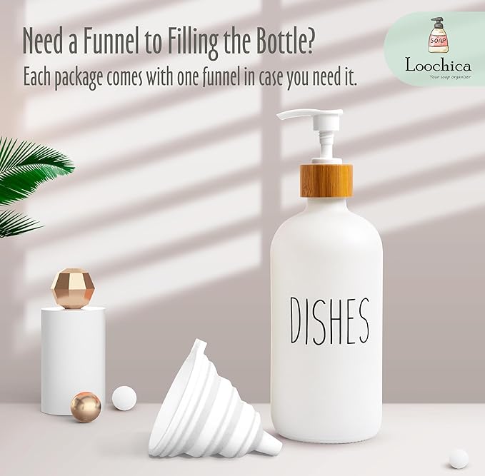 Dish White Glass Soap Dispenser with Plastic Pump, 16 Oz White Dish Soap Dispenser Set Refillable Reusable Apothecary Soap Pump Dispenser Bottles for Bathroom and Kitchen