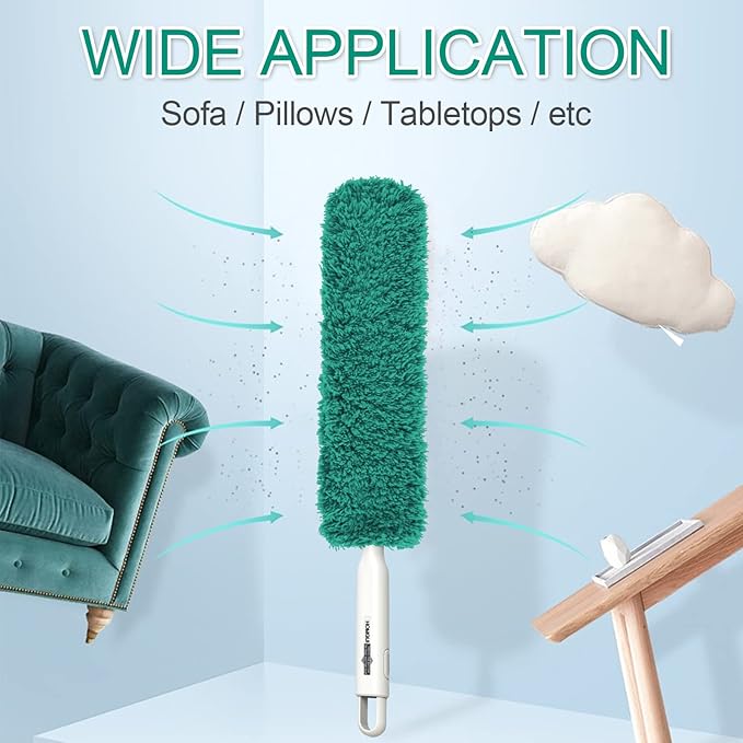 Microfiber Duster, Feather Duster, Dusters for Cleaning, Washable Dusters with Reusable Microfiber Head, Feather Dusters for Cleaning Cobweb, Blinds, Furniture, Cars-Green
