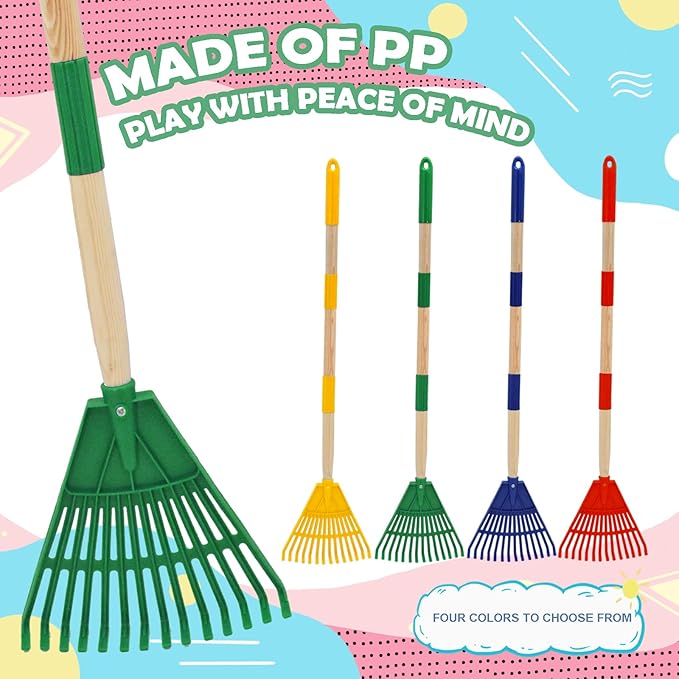 Kids Leaf Rake - 3-Section Adjustable Handle, Lightweight, Wood & Plastic, Small Garden Tool for Children (Green)