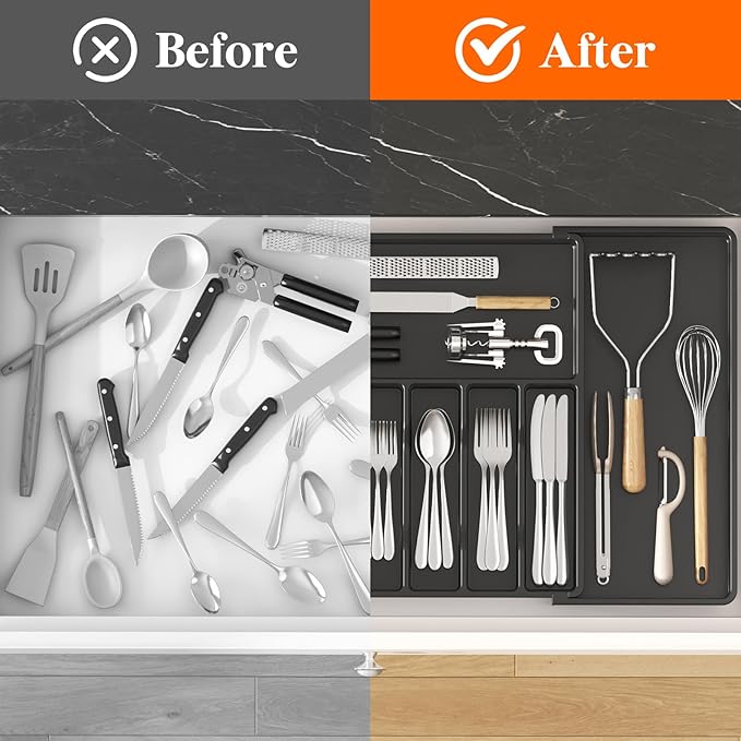 Lifewit Silverware Drawer Organizer, Expandable from 18.7 to 33 inches, Adjustable Utensil Tray for Kitchen, Large Cutlery Holder, Plastic Flatware Storage for Spoons Forks Knives, Black
