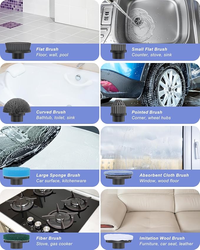Electric Spin Scrubber, [IPX7 Waterproof ] [50KG Torque] Shower Scrubber with 9 Brush Heads, 2 Speed Mode, 4 Adjustable Angles, Electric Brush for Cleaning for Bathroom Floor Tile (Gray)