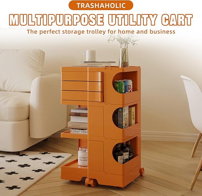 Multipurpose Utility Storage Cart - ABS Plastic Storage Caddy with Wheels and Slide Out Drawers - 360°Rotating Professional Trolley Cart - Mobile Caddy for Salon Supplies, Kitchen Needs (Orange)
