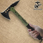 USMC Tactical Tomahawk | 2Cr13 Stainless Steel Head | 3 7/8" Blade and Curved Spike | Fiberglass and Nylon Reinforced Handle | Cord Handle Wrappings | Custom Blade Sheath | 15 1/2" Overall Length