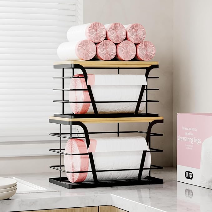 2 Pack Stackable Storage Laundry Kitchen Organizers, Wall Mount Trash Bag Holder with Bamboo Top and Garbage Bag Dispenser No Drill