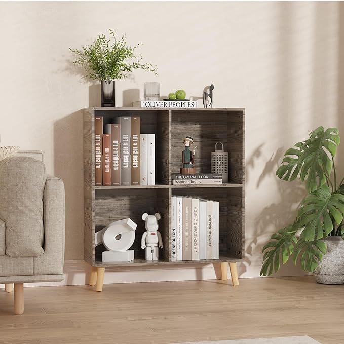 Lkeiyay Wooden 4 Cube Open Bookcase,2 Tier Mid-Century Bookshelf with Legs, Modern Storage Display Cabinet Organizer Bookshelves for Bedroom,Living Room,Office (Grey)