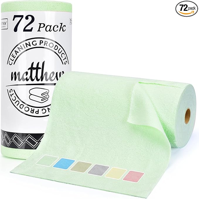 Matthew Microfiber Cleaning Cloth Roll 72Pack (12" x 12") Reusable Paper Towels&Washable Tear Away Towels,Ultra Water Absorbent Lint&Streak Free Cleaning Rags for Glass,Dishwash,Bathroom,Cars-Green