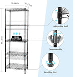 SUNLPH 5-Tier Wire Shelving Adjustable Shelves Unit Metal Storage Rack for Laundry Bathroom Kitchen Pantry Closet Organization (Black, 16.6" L x 11.4" W x 49.1" H)