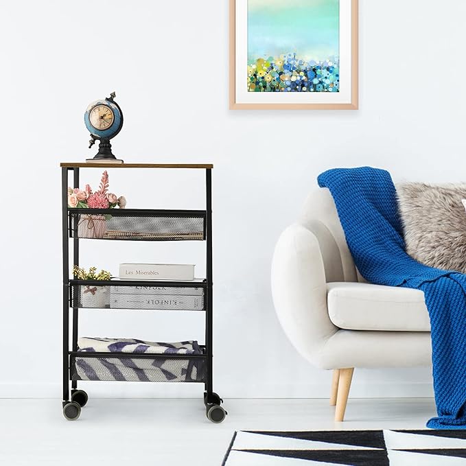 Kitchen Storage Rolling Cart, 4-Tier Kitchen Island Cart on Wheels with Wooden Shelves, Lockable Utility Cart with Mesh Baskets for Narrow Space on Dining Room Bathroom，Black