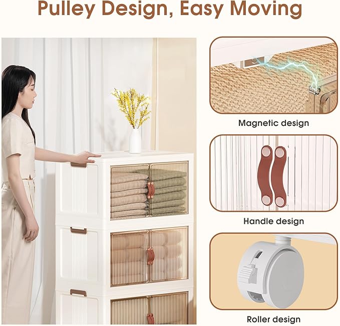 4 Tier Storage Bins with Lids, 104QT Collapsible Plastic Storage Bins, Folding Storage Boxes with Doors, Stackable Storage Organizer for Home, Office and Dorm