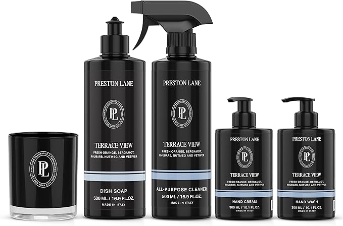 Signature Set, Includes All Purpose Cleaner, Dish Soap, Hand Wash, Hand Cream, & Scented Candle, Terrace View