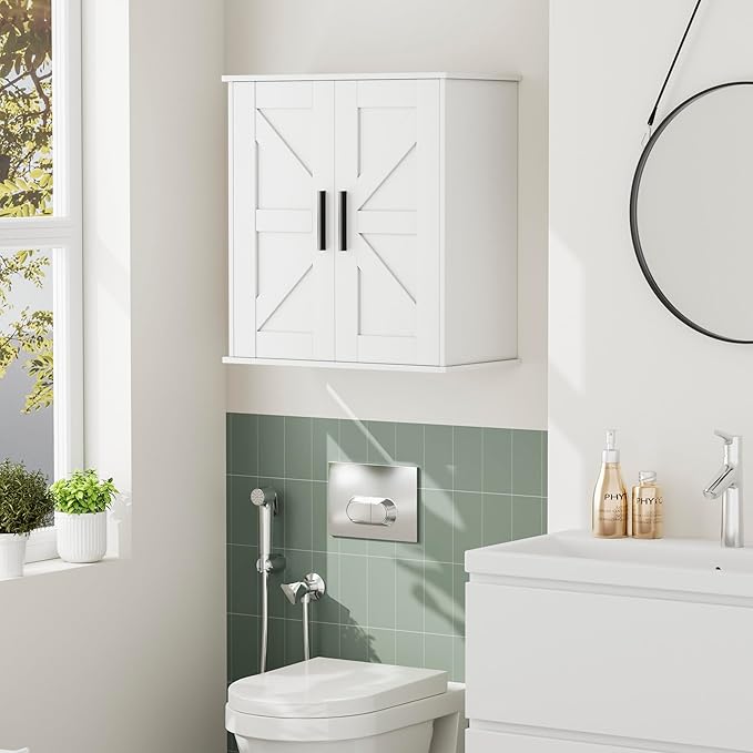 Bathroom Wall Cabinet, Over Toilet Storage Cabinet with Barn Doors and Adjustable Shelves, 3-Tier Medicine Cabinet Wall Mounted, for Bathroom, Kitchen, Entryway, Laundry Room, White, (11.8" D)