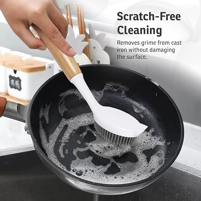 Bamboo Dish Brush with Handle – Wooden Scrub Brush for Cast Iron, Sink, Pots & Dishes – Kitchen Dish Washing Brush with Nylon Bristles – Durable Dish Scrubber for Cleaning