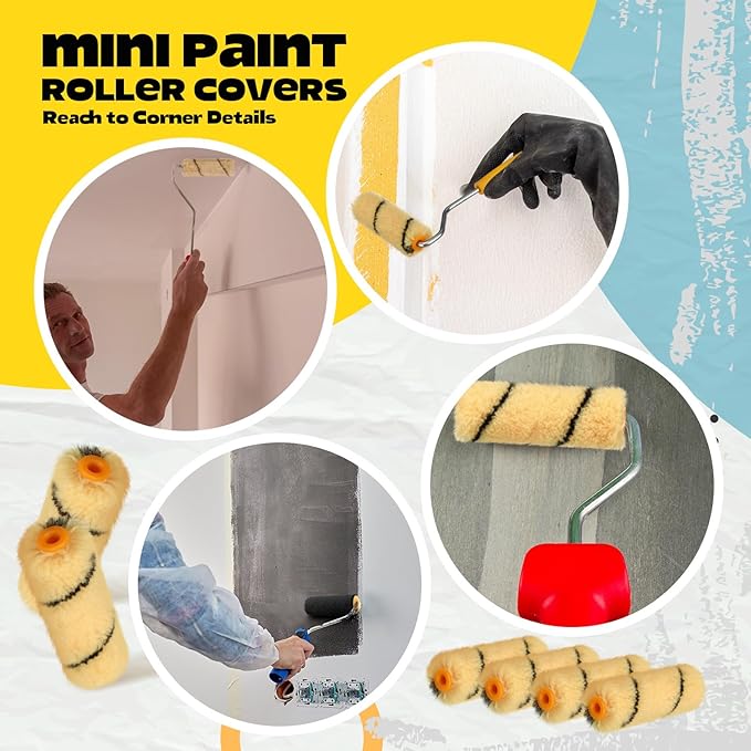 Leumoi 300 Pcs 4 Inch Mini Paint Roller Cover 1/2" Nap Small Microfiber Roller Covers Home Repair Tools House Household Supplies Kit (Black, Yellow)