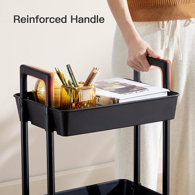 Pipishell 3 Tier Rolling Cart Organizer, Plastic Rolling Cart with Lockable Wheels & Reinforced Handle, Lightweight Utility Cart Storage Cart for Nursery, Kitchen, Bathroom, Craft Room, Black, PIUC14B