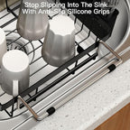 MAJALiS Expandable Stainless Steel Over The Sink Dish Drying Rack for Small Kitchen Counter Space Saving, Compact RV Plate Drainer Strainer in Black Wire Metal with Hanging Adjustable Utensil Holder