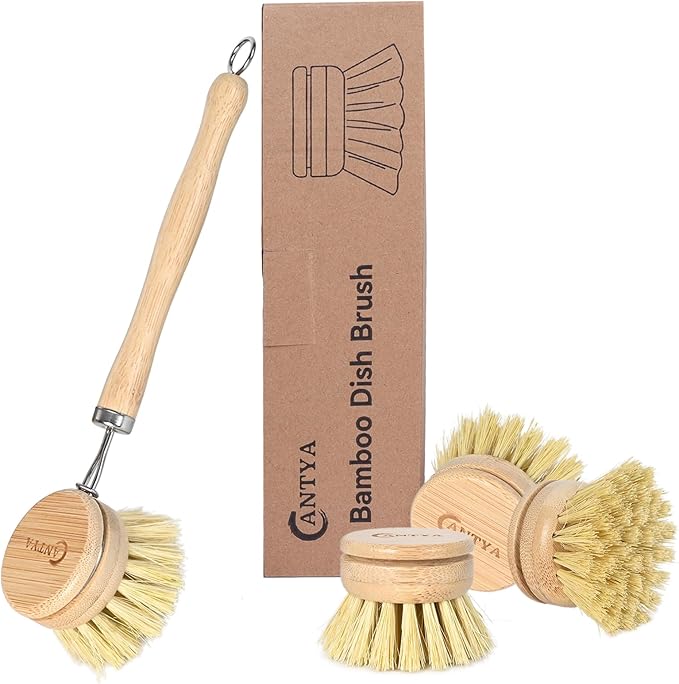 Bamboo Dish Brush with Handle - 4 Replacement Heads, Eco Soft Bristles Vegetable Scrubber, Compostable & Sustainable Dish Scrub Brush for Cleaning Kitchen Utensils