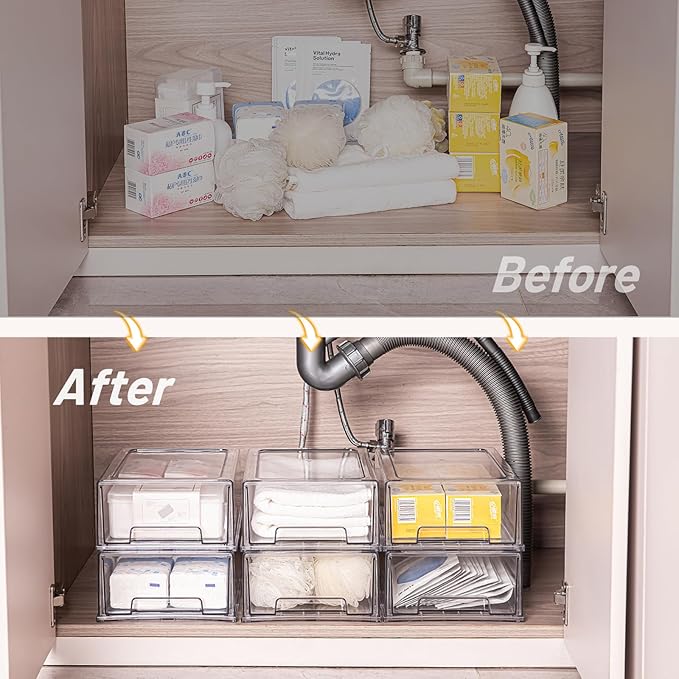 2 Pack Stackable Pull-Out Storage Drawers，Plastic Clear Organizer Bins with Handles，Easily Clean for Craft, and Toy Organization，Kitchen Undersink，Cabinet，Fridge，Closet，Pantry，Office，Bathroom