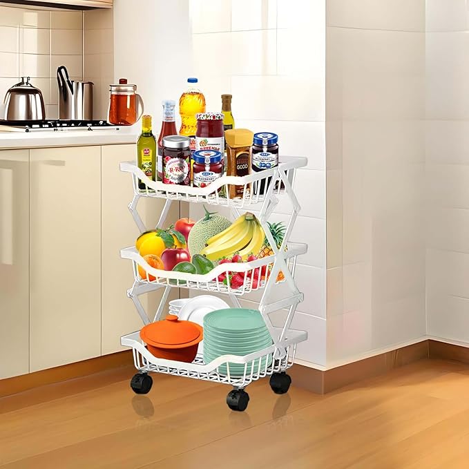 Kitchen Storage Cart, Foldable Rolling Organizer with Wheels White 3 Tiers Compact Shelf for Pantry, Bathroom, Bedroom, 14.17" L x 10.71" W x 21" H