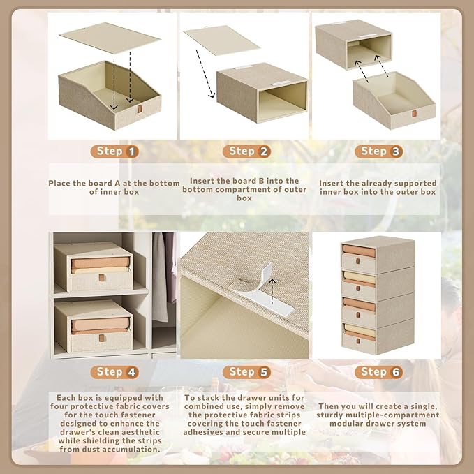 Closet Organizers and Storage 4-Pack Large Storage Bins with Drawers Stackable Fabric Clothes Organizers Storage Box Collapsible Closet Drawers Organizer (Beige, 21L*4)