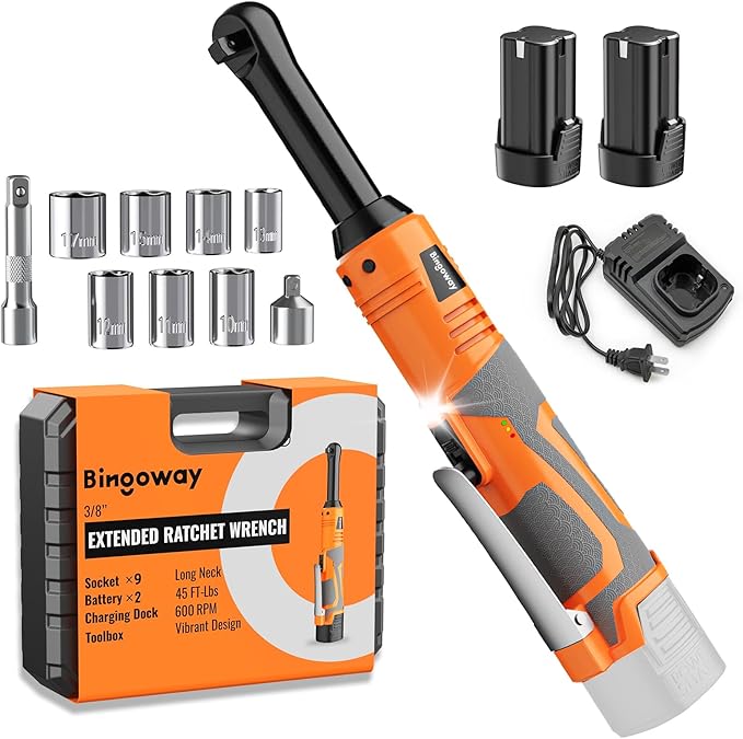 3/8" Extended Electric Ratchet Wrench Set, 45ft-lbs(61N.m) 16V Cordless Long Neck Power Ratchet Wrench Kit with 2pcs Batteries, LED Light, 9 Sockets, Toolbox, Variable Speed, For Housework, Car Repair