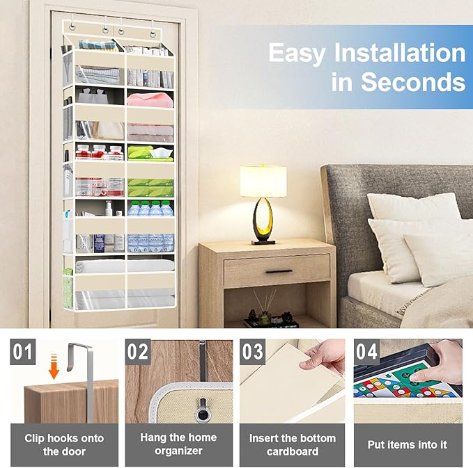 Over The Door Organizer Multi Pocket,5 Tier Large Hanging Shelf for Storage Kids Toys, Diapers, Clothes,Yarn,Heavy Duty Behind Door Storage for Bedroom Bathoom Nursery Closet Pantry,Beige