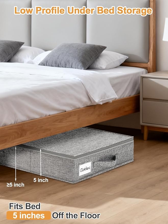 punemi Low Profile Under Bed Storage, 5 inches High Underbed Storage Containers With Sturdy Sidewalls & Bottom, Slim Under Couch Sofa Storage, Shallow Under Bed Organizer Clothes Storage Bins, 2Pack