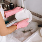 3 Pairs Rubber Cleaning Gloves Latex Free Dishwashing Gloves - 13" Reusable Nitrile Gloves Large, Green+Pink+Orange