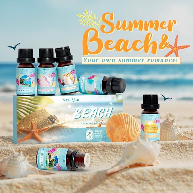 Beach Fragrance Oils Set, Essential Oil Gift Set for Diffuser, Summer Scent Diffuser Oil, Diffuser Scents Oil for Home-Ocean Spray, Pink Sands, Salty Sea, Pina Colada, Island Life, Sunshine