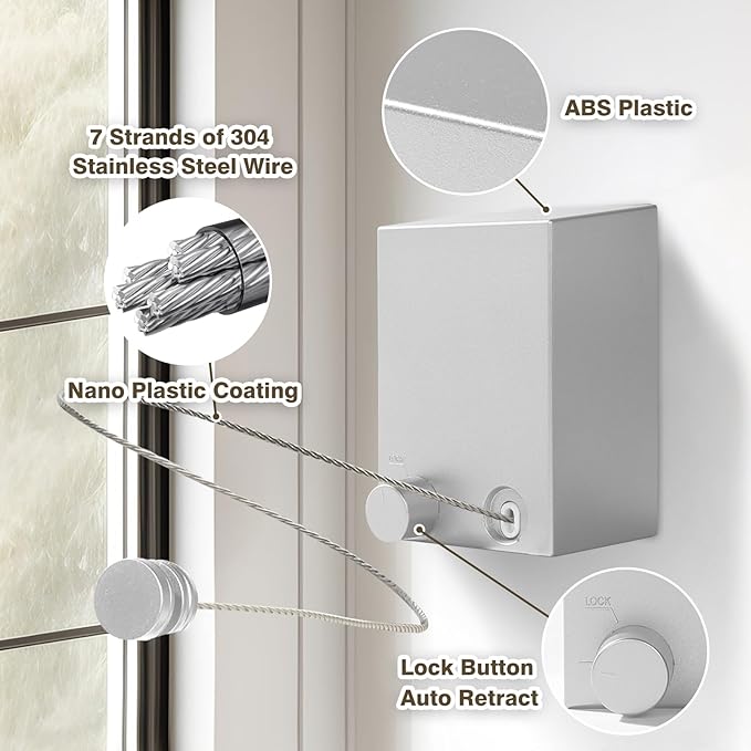 Retractable Clothesline, Retractable Clothesline Outdoor, Stainless Steel Travel Clothesline, Not Sagging, Suitable for Balconies, Courtyards, Laundry Rooms, RVs, Yachts, etc