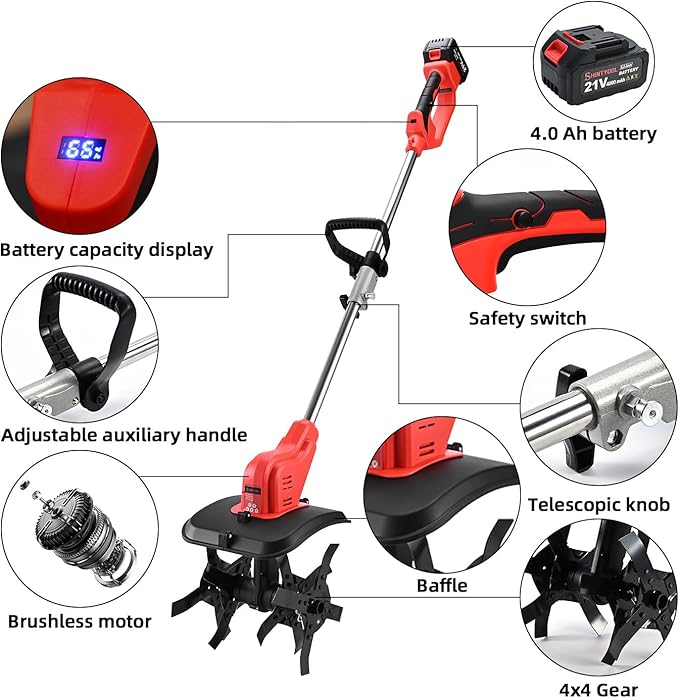 Brushless Cordless Tiller for Gardening,400 RPM Cultivators for Gardening Has Battery Capacity Display with 4.0 Ah Battery, Rototiller 11 in Tilling Width, 6 in Depth by SHINTYOOL