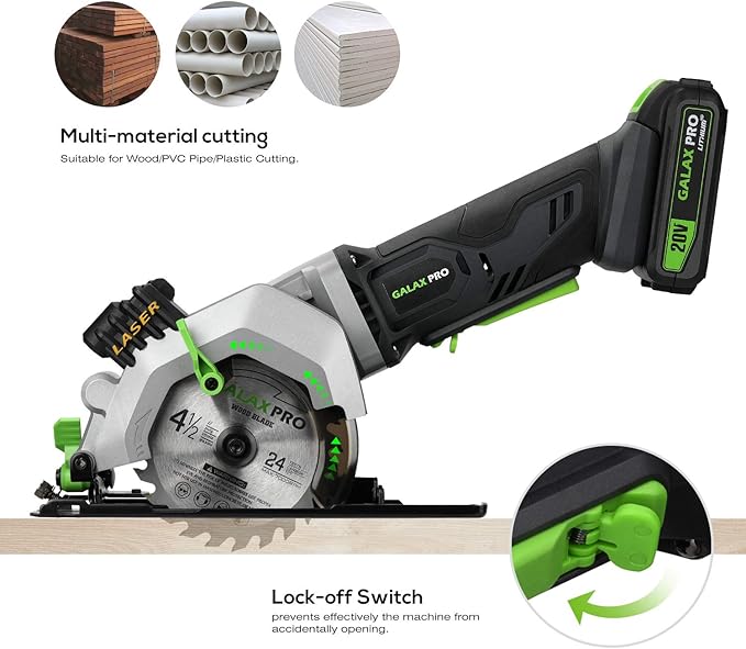 GALAX PRO Mini Circular Saw, DC20V 4-1/2" Cordless Circular Saw with 2.0Ah battery, Laser Guide, Rip Guide, 2 Pcs Blades(24T+ 60T), 3400RPM, Max Cutting Depth 1-11/16"(90°), 1-1/8"(45°)