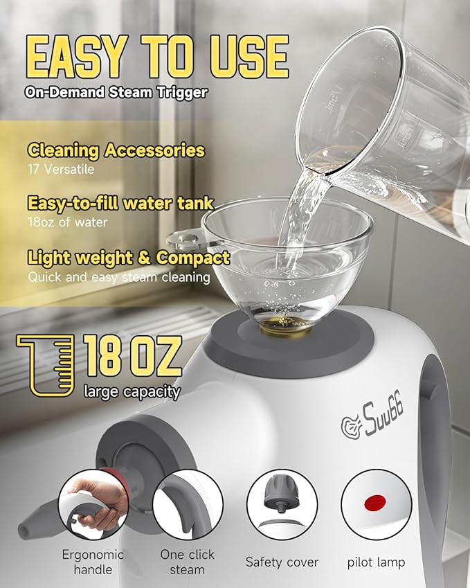 Handheld Steam Cleaner with Safety Lock, 500mL Large Tank & 19PCS Accessories - Multi-Surface Deep Cleaning for Kitchen, Bathroom, Car, Sofa - Removes Stubborn Grime, Sanitizes Surfaces (White)