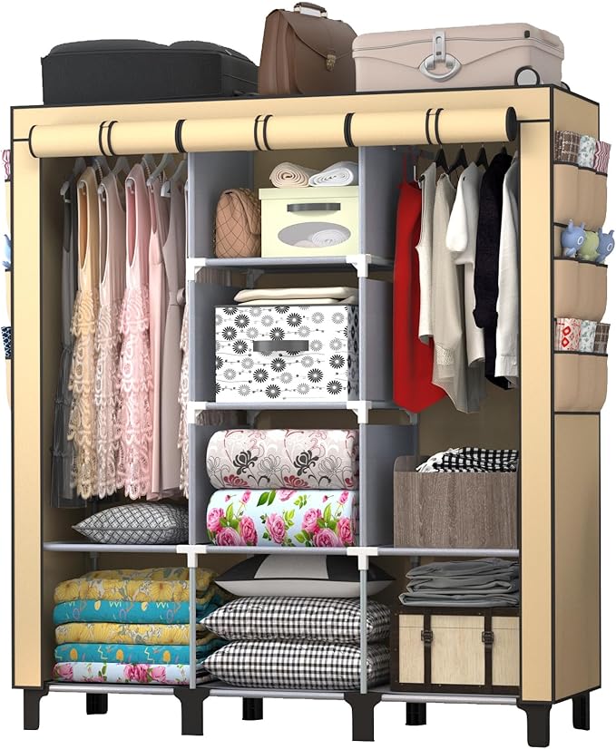 Portable Wardrobe with 10 Storage Racks and 2 Hanging Poles 6 Side Pockets Fleece Cover, Size 130 x 45 x 172 cm, Bedroom Closet Organizer (Beige)